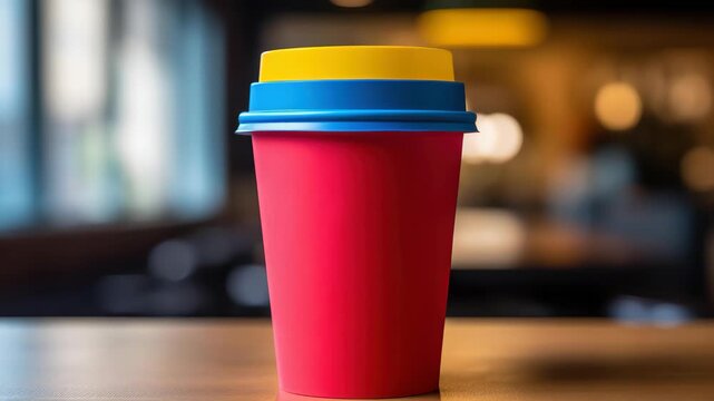 Colorful Coffee Cup: A vibrant disposable coffee cup in bold red, blue, and yellow stands ready to be filled with a warm beverage, perhaps for a morning commute or a casual break.