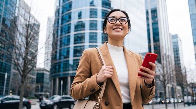 Confident East Asian businesswoman holding a smartphone walking through a modern urban city district for professional development