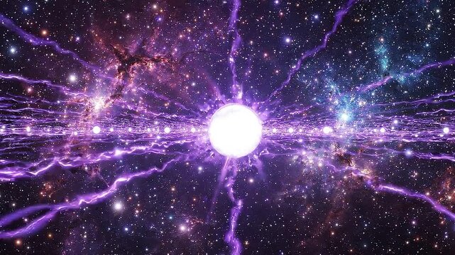 Abstract Cosmic Energy Burst with Purple Lightning Bolts and Glowing Stars in Deep Space Nebula, High Energy Motion Graphic