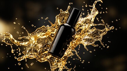 Fototapeta premium Elegant black cosmetic bottle surrounded by a dynamic golden liquid splash on a dark background, perfect for luxury perfume or skincare product advertising