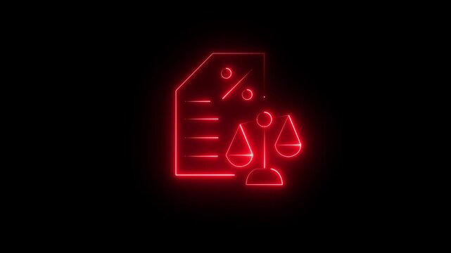 Glowing neon legal contract document with justice balance scale line icon animation on transparent background. Modern law, legal agreement, compliance, attorney, court, legislation