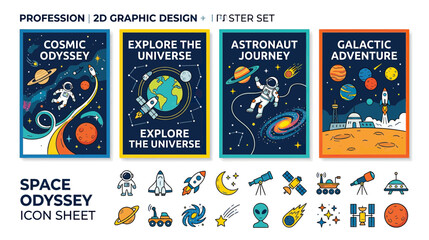 Retro Space Exploration Posters and Icons Set © rahma
