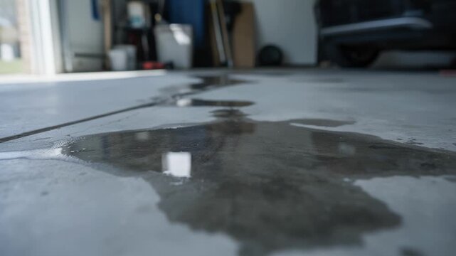 Garage flooding damage captured by staff holding a camera close to stained concrete floor emphasizing water levels while surroundings are out of focus.