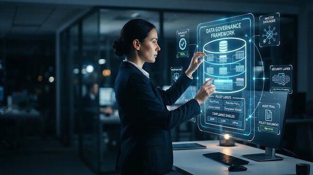 Business professional interacting with holographic data governance icon for enterprise data management compliance and structured master data quality management solutions.