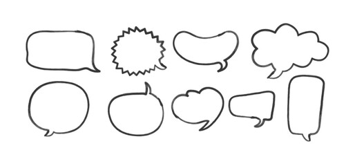 Fototapeta premium Collection of hand drawn speech bubbles in various comic book styles, empty thought clouds and dialogue boxes, isolated graphic elements for design. Scribble text box