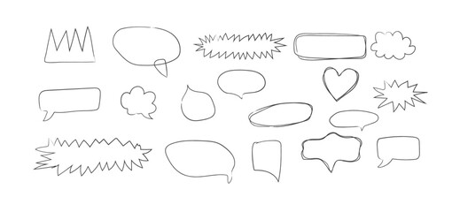 Fototapeta premium Set of 18 different doodle style comic book or speech bubbles in black line art, hand drawn thought balloons isolated on white background. Scribble text box