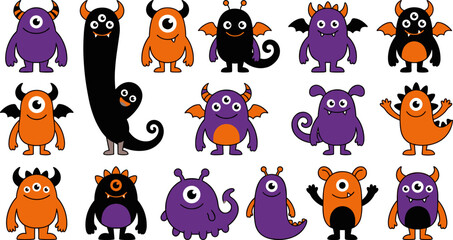 Obraz premium Cute halloween vector monsters collection spooky cartoon characters for festive designs and halloween decorations