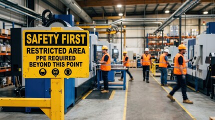 Fototapeta premium Safety Signage in Manufacturing Facility with Workers Wearing Safety Gear in Active Production Environment