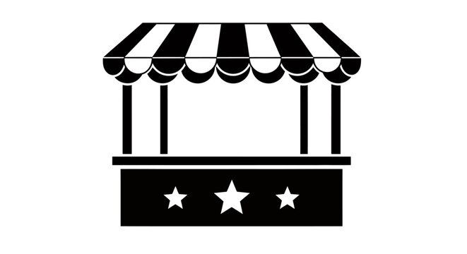 Iconic storefront market stall with striped awning and display window reflecting retail scene.