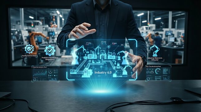 Industrial manager interacting with holographic Industry 4.0 smart factory icon for enterprise manufacturing automation and IoT connected production management solutions.