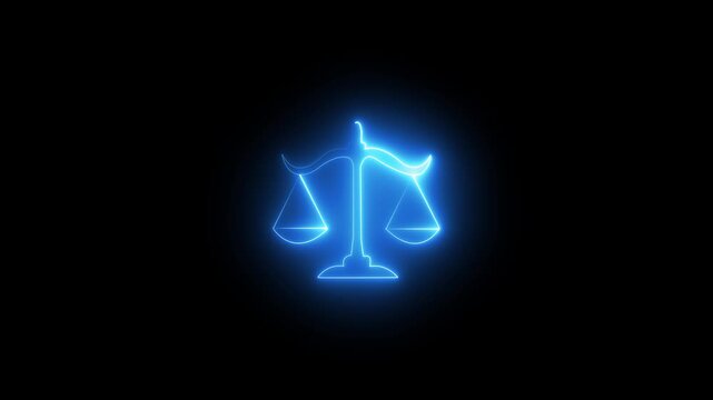 neon justice balance scale line icon animation isolated on a black background. Futuristic legal symbol representing justice, equality, law, court, legal rights, compliance, fairness, ethics, judicial