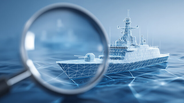 A magnifying glass inspecting a digital wireframe warship represents naval engineering, maritime defense analysis, military technology assessment
