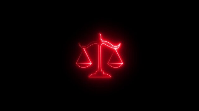 neon justice balance scale line icon animation isolated on a black background. Futuristic legal symbol representing justice, equality, law, court, legal rights, compliance, fairness, ethics, judicial