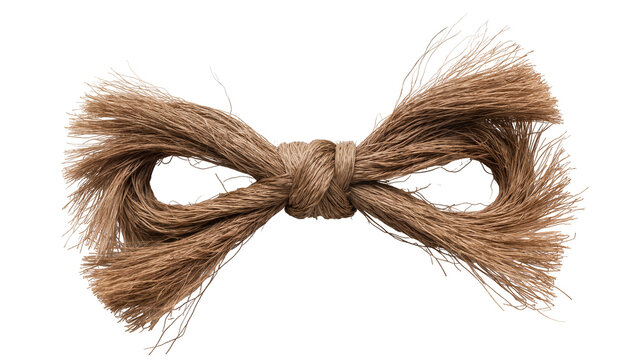 Isolated brown rustic bow made from natural jute or raffia fibers, detailed tied knot element