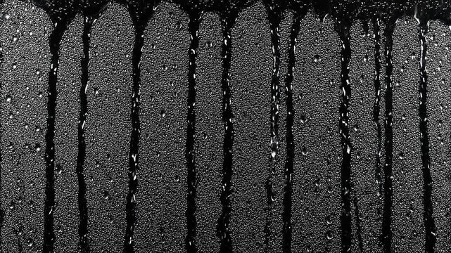 Detailed black and white water drops sliding down a transparent glass window pane for cinematic texture overlay.