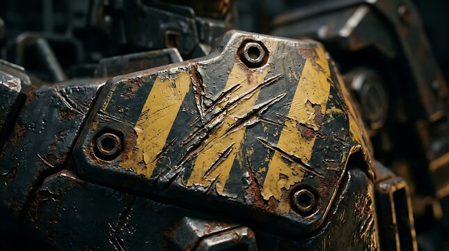 Faded yellow and black hazard stripes on battle scarred mecha robot armor texture