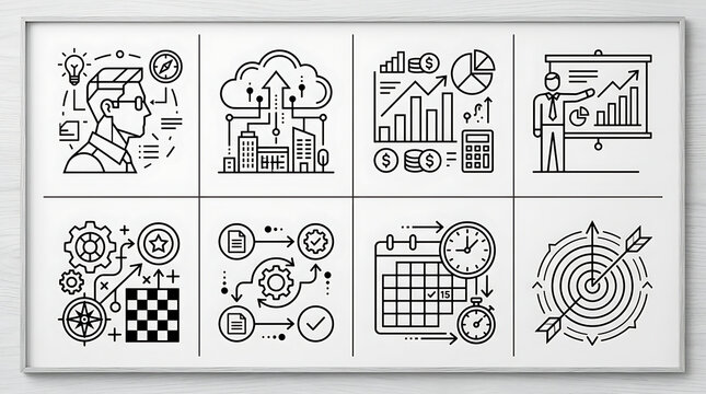 Business icons set displays diverse professional concepts using clean black line art designs on a white background.