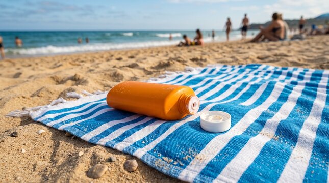 Orange sunscreen bottle on a striped towel on a sandy beach