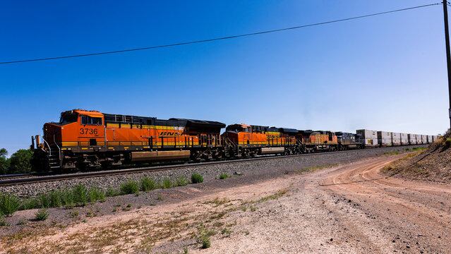 Mountainair Station 7-19-2026 Mountainair NM USAWest Bound BNSF stack train arriving into Mountainair New Mexico on the BNSF Clovis Sub