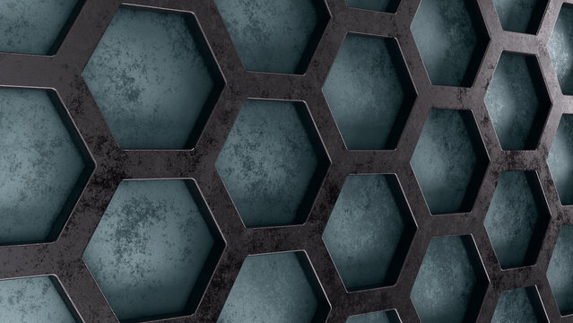 3D Rendered Angled Dark Metal Honeycomb Grid Over Grunge Concrete Background.