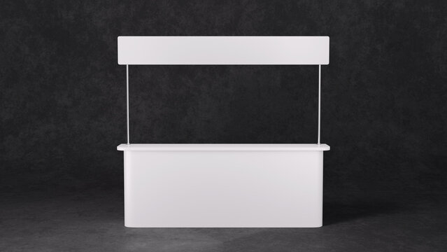 A blank white promotional stand featuring a wide demonstration counter and header banner against a dark textured studio background for exhibition mockups. 3D rendering.