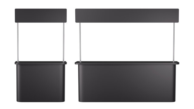 Front View of Blank Black Promotional Stand Mockups. Isolated 3D Rendered demonstrational counters.