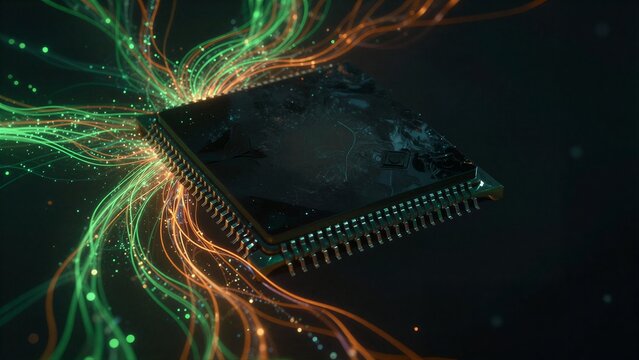 A glowing chip surrounded by vibrant green and orange energy streams against a dark background.
