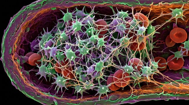 Blood Clot Microscopic View: Detailed microscopic view of a blood clot forming within a vessel, showing red blood cells and activated platelets entangled in fibrin strands.