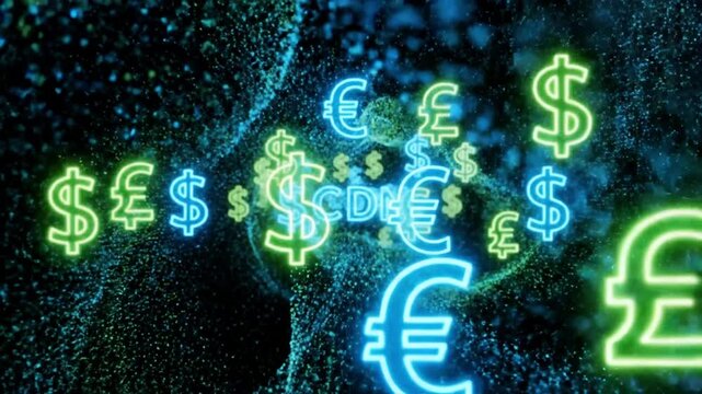 Neon glowing currency symbols floating in digital network visualization.