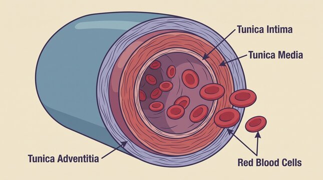Cross-section of Artery Wall: A detailed illustration showing the layered structure of an artery wall, including the tunica intima, tunica media, and tunica adventitia.
