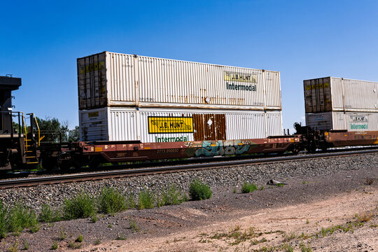 Mountainair Station 7-19-2026 Mountainair NM USAWest Bound BNSF stack train arriving into Mountainair New Mexico on the BNSF Clovis Sub