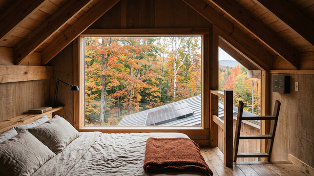 Cozy Tiny Cabin Loft Bedroom With Autumn Forest Views and Solar Roof