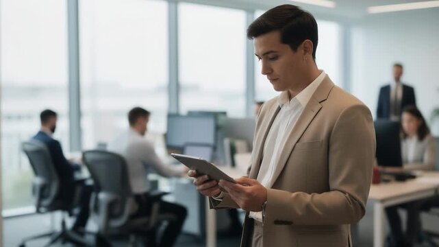 Employee verifying thirdparty health insurance documents with digital tablet in hand focused subject contrasting with blurred coworkers.