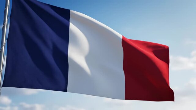 French flag waving in the wind against blue sky