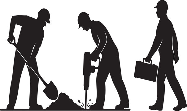 Silhouette of construction workers digging and carrying tools at site