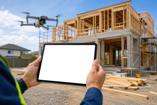 A construction worker holding a tablet with a blank screen, piloting a drone over a building site.