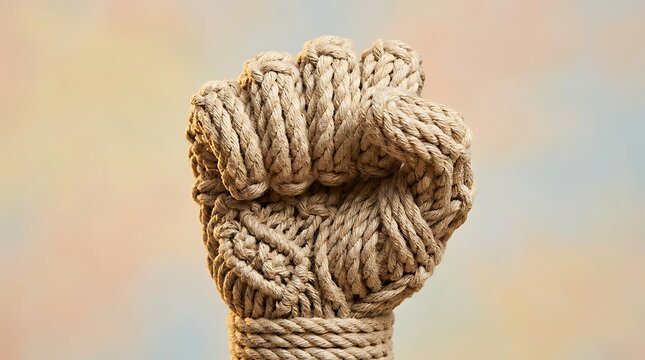 Fist formed by intricate rope knots reaches upward as a powerful display of human willpower and collective persistence.