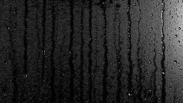 Realistic water droplets and condensation streaks falling down a glass surface against a black background for cinematic blending.