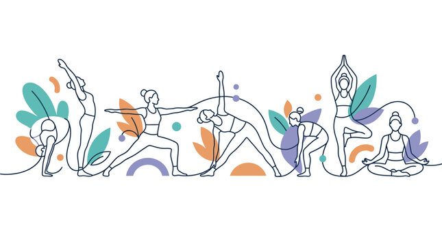 Yoga flow sequence features a woman performing various positions integrated with colorful abstract botanical shapes.
