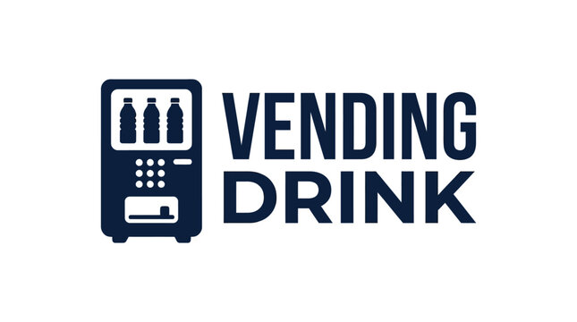 Minimalist vector graphic illustration featuring a dark blue vending machine icon with bold modern typography