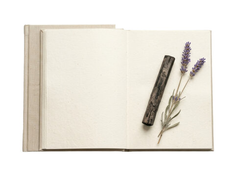 Open blank notebook with wooden pencil and dried lavender sprigs on white background in flat lay style evoking calm creative journaling.