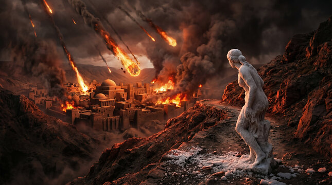 The destruction of Sodom and Gomorrah. Lot's wife turning into a pillar of salt as fiery meteors rain down on the ancient cities