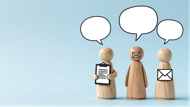 Three wooden figures with speech bubbles, one holding a clipboard.