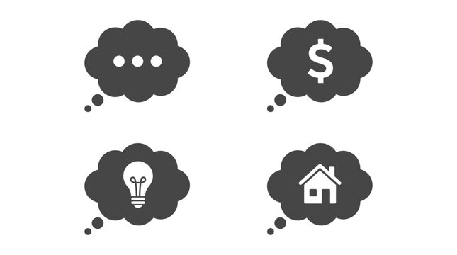 Minimalist vector illustration featuring four distinct grey thought bubble icons with simple white interior symbols