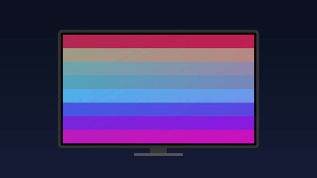 Digital tv screen with colorful gradient bars and play button for media interface and streaming animation 4k