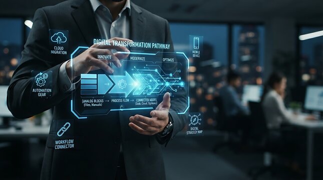 Business executive presenting holographic digital transformation interface showing connected enterprise process migration from analog to digital technology for business innovation management.