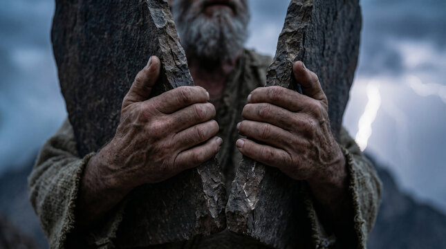 Moses holding the stone tablets of the Ten Commandments on Mount Sinai. Lightning and thick clouds in the background. Old Testament law