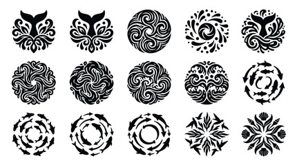 Collection of circular tribal whale tail and wave patterns, intricate black and white designs. © Yuni
