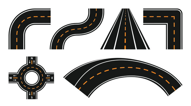 Detailed set of asphalt road vector illustrations featuring various curves turns and a traffic roundabout