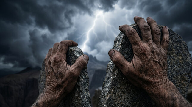 Moses holding the stone tablets of the Ten Commandments on Mount Sinai. Lightning and thick clouds in the background. Old Testament law